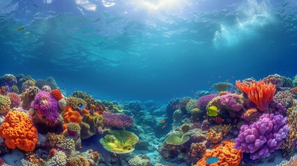 Colorful marine life thrives in vibrant coral reefs beneath clear blue ocean waters.