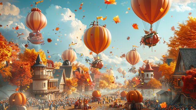 Illustration of a festive Thanksgiving parade with floats and balloons, vibrant and cheerful