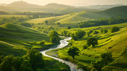 Picturesque Countryside with Rolling Hills and River