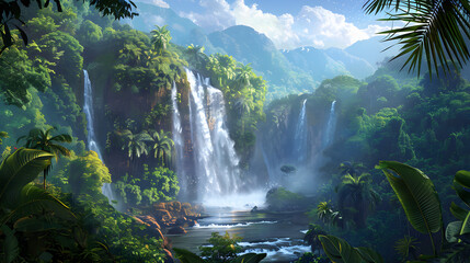 Tropical Rainforest with Majestic Waterfall