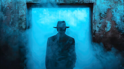 Silhouette of mystery man in hat blue fog doorway, atmospheric enigmatic entrance, secretive moody arrival