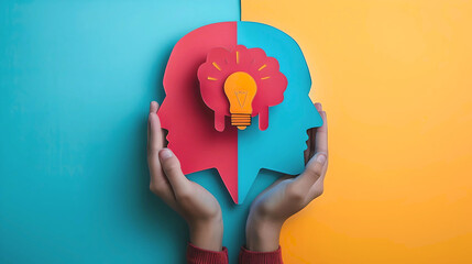 Hands holding a brain with a lightbulb inside, representing intelligence and creativity on a split yellow and blue background.