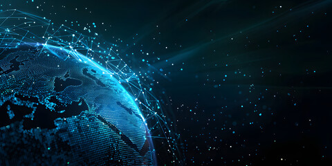 Abstract digital blue earth with glowing dots on black background, technology and global network concept.