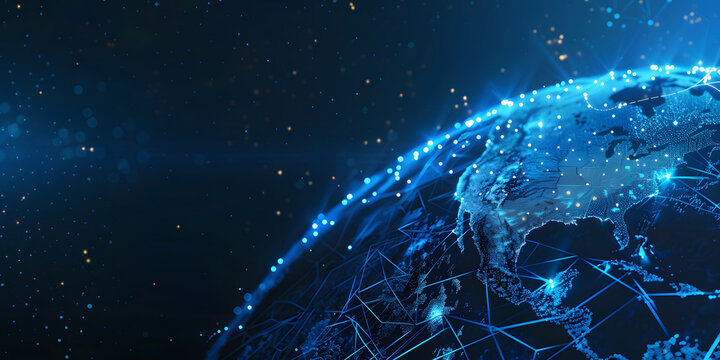 Abstract digital blue earth with glowing dots on black background, technology and global network concept.