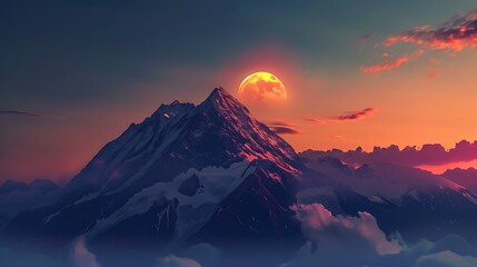 Tranquil Mountain Twilight: Stunning Flat Design Wallpaper with Intricate Details