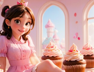 Cute girl with candy town above the clouds, 3D animation, background image	
