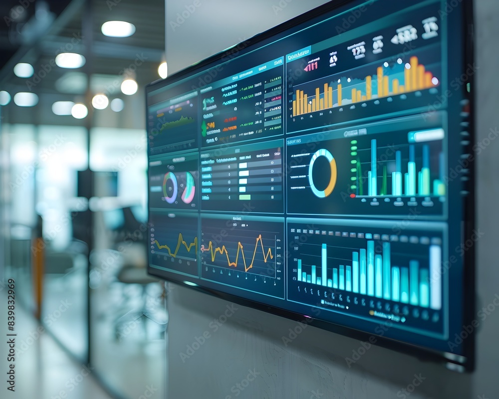 Poster interactive financial data analytics display in tech startup office