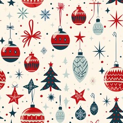 A seamless pattern displaying Christmas ornaments and wrapping paper with traditional holiday motifs, perfectly aligned