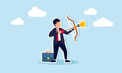 Launch new business idea: creativity solves problems and targets new goals, concept of Confident businessman aims lightbulb idea arrow at a high target