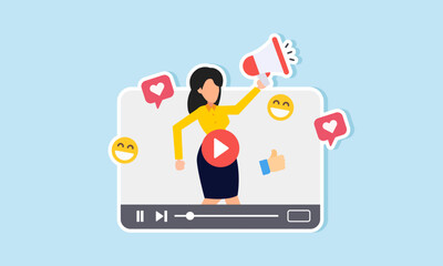 Video marketing: livestreams, influencer ads, and digital campaigns to promote brands, concept of Confident woman uses megaphone on video media player