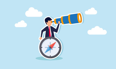 Business compass guides decisions, finds opportunities, and inspires vision, concept of businessman with binocular and compass.