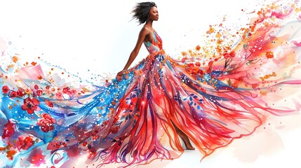 Fashion illustration of a summer dress, light and airy design, floral patterns and vibrant colors