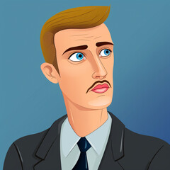 Cartoon illustration of a man in a suit with a mustache, looking thoughtful. Professional and stylish character design on blue background.