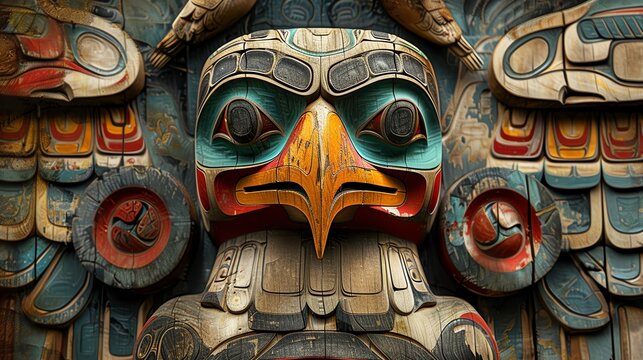 Detailed sketch of a Native American totem pole, rich colors and cultural motifs, historical significance