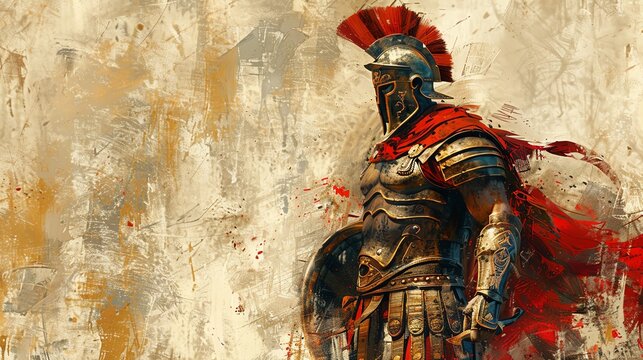 Detailed sketch of a Roman gladiator in armor, rich colors and historical motifs, powerful and heroic
