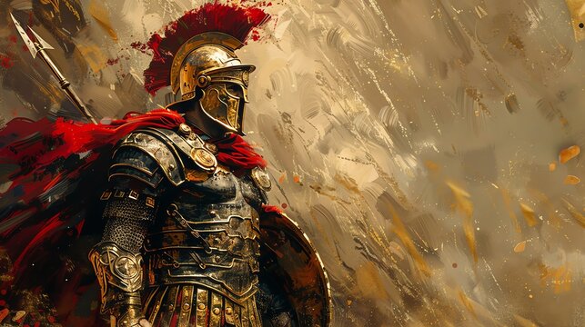 Detailed sketch of a Roman gladiator in armor, rich colors and historical motifs, powerful and heroic
