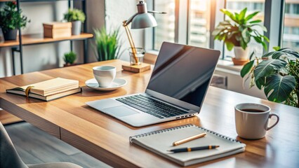 Modern desk with laptop computer keyboard and cup of coffee surrounded by papers and office supplies in a stylishly decorated workspace.