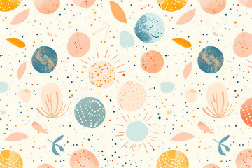 A minimalist pastel abstract pattern design with hand-drawn various-sized spheres and small dots scattered throughout on a light background.