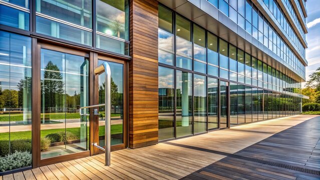 Modern corporate office building exterior with large glass wall, wooden door, and sleek metal handle, ready for an important business meeting.