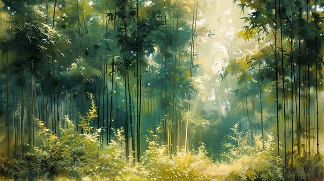 Dense bamboo forest with tall, slender stalks, dappled sunlight creating a calm and tranquil scene