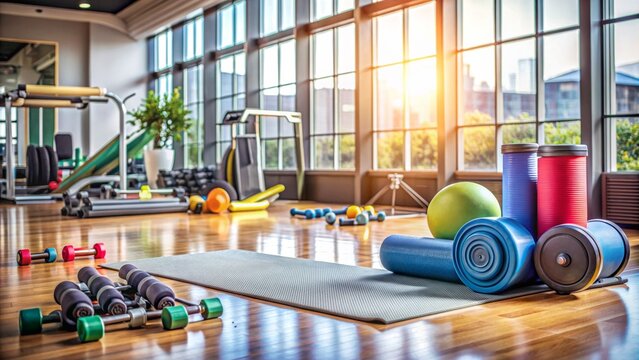 Fitness equipment and exercise props scattered around a cluttered gym floor, with a few dumbbells and a yoga mat visible in the background.