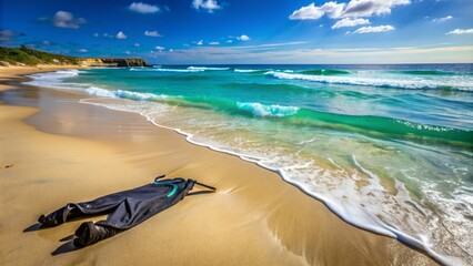 Obraz premium Turquoise ocean waves gently lap at the sandy shoreline, a deserted serene coastal scene with a abandoned wetsuit lying on the beach.