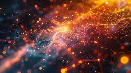 Conceptual illustration of quantum computing with intricate connections and data flow, vibrant and abstract