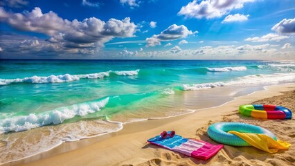 Obraz premium Sparkling turquoise ocean waves gently lap against the sandy shoreline, with a few beach towels and colorful inflatable floats scattered about the deserted beach.