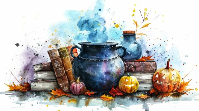 Watercolor cauldron with a bubbling potion, surrounded by magical books and Halloween decorations watercolor style Isolated, white background surrounded Generative AI