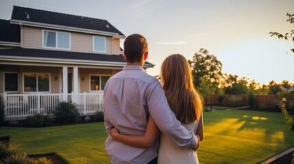 A couple standing in front of a house, looking at it