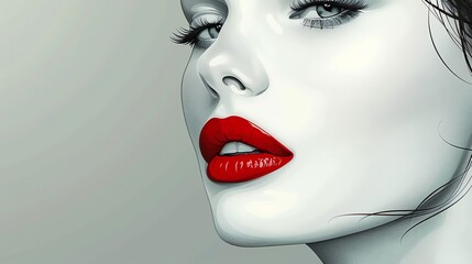 Beauty illustration of a woman with classic red lipstick, elegant and sophisticated look, detailed and vibrant