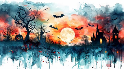 Watercolor painting of a whimsical Halloween night with a full moon, bats, and colorful pumpkins watercolor style Isolated, white background surrounded Generative AI