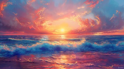 Artistic depiction of a summer sunset over the ocean, bright and serene