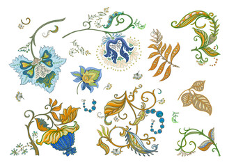 Fantasy flowers in retro, vintage, jacobean embroidery style. Clip art, set of elements for design Vector illustration.