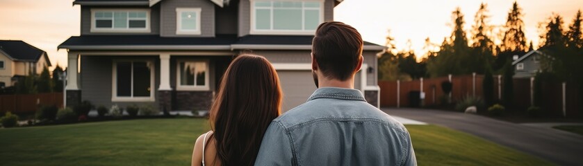 Fototapeta premium A couple standing in front of a house, looking at it