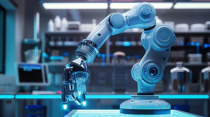 AI-powered robotic arm in a high-tech lab, showcasing advanced technology and innovation