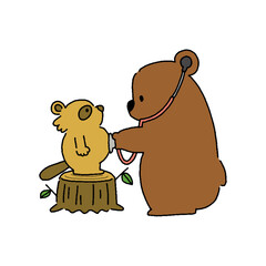 小児科向け素材、くまのお医者さんに診察してもらうたぬきのイラスト