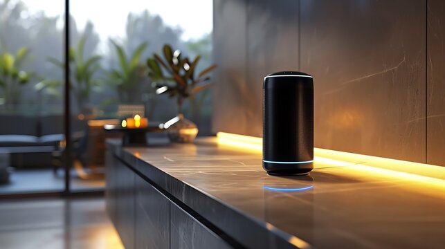 AI assistant device with a sleek design, showcasing voice control and smart home integration