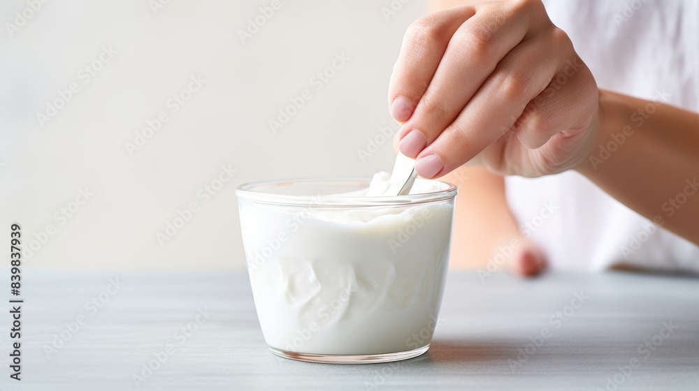 Wall mural a person is dipping a piece of food into a bowl of white liquid. the bowl is made of glass and is pl