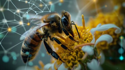 Close-up of a bee pollinating a flower, with technological gridlines faintly visible