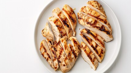 Sliced grilled chicken breast arranged neatly on a white plate, with a plain white background to highlight the dish