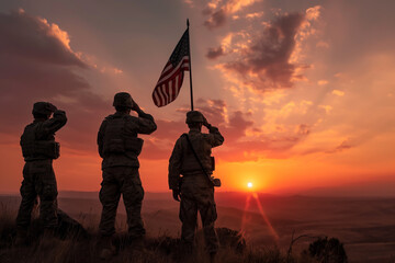 Silhouette of a soldiers saluting an American flag against a sunset, evoking patriotism and honor.