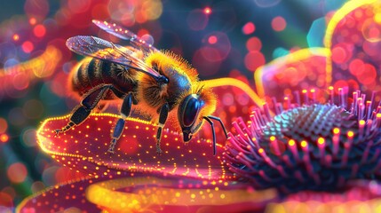 Macro Bee on Vibrant Flower with Interconnected Digital Nodes in Nature