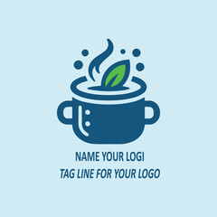 This image is a logo for a coffee shop. It features a dark blue coffee cup icon with a green leaf inside and steam symbolizing a hot beverage. Below the icon, there is placeholder text for the coffee 