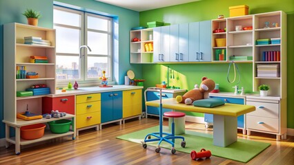 Colorful pediatric examination room with stethoscope, toys, and medical equipment on shelves and tables, ready for a young patient's visit.