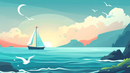 A luxurious yacht with billowing sails cuts through turquoise ocean waves under a bright summer sky