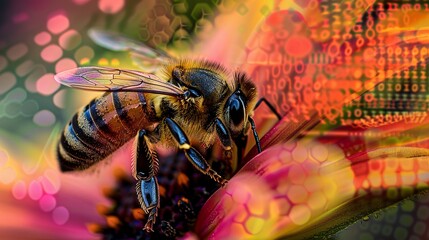Bee pollinating a vivid flower with faint digital waveforms overlaying the image