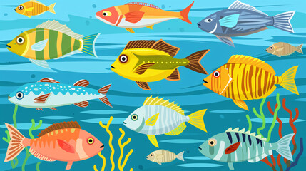 Naklejka premium Repeating pattern with colorful cartoon fish swimming in water