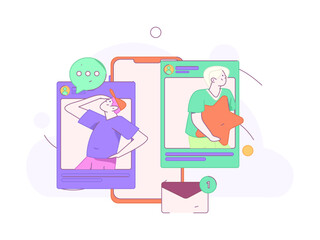 Virtual characters social communication concept business flat vector hand drawn illustration
