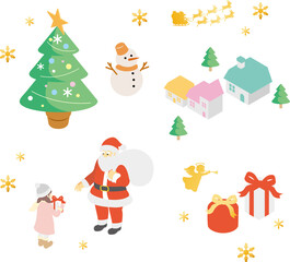 アイソメトリック　俯瞰　クリスマス　冬　サンタクロース　キッズ　人物　シンプル　イラスト素材セット